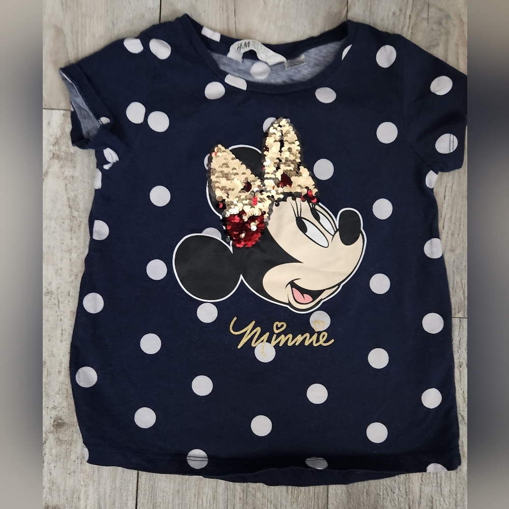 H&M Blue/ White Polka Dot Short Sleeve Tee with Flip Sequin Minnie Mouse Design